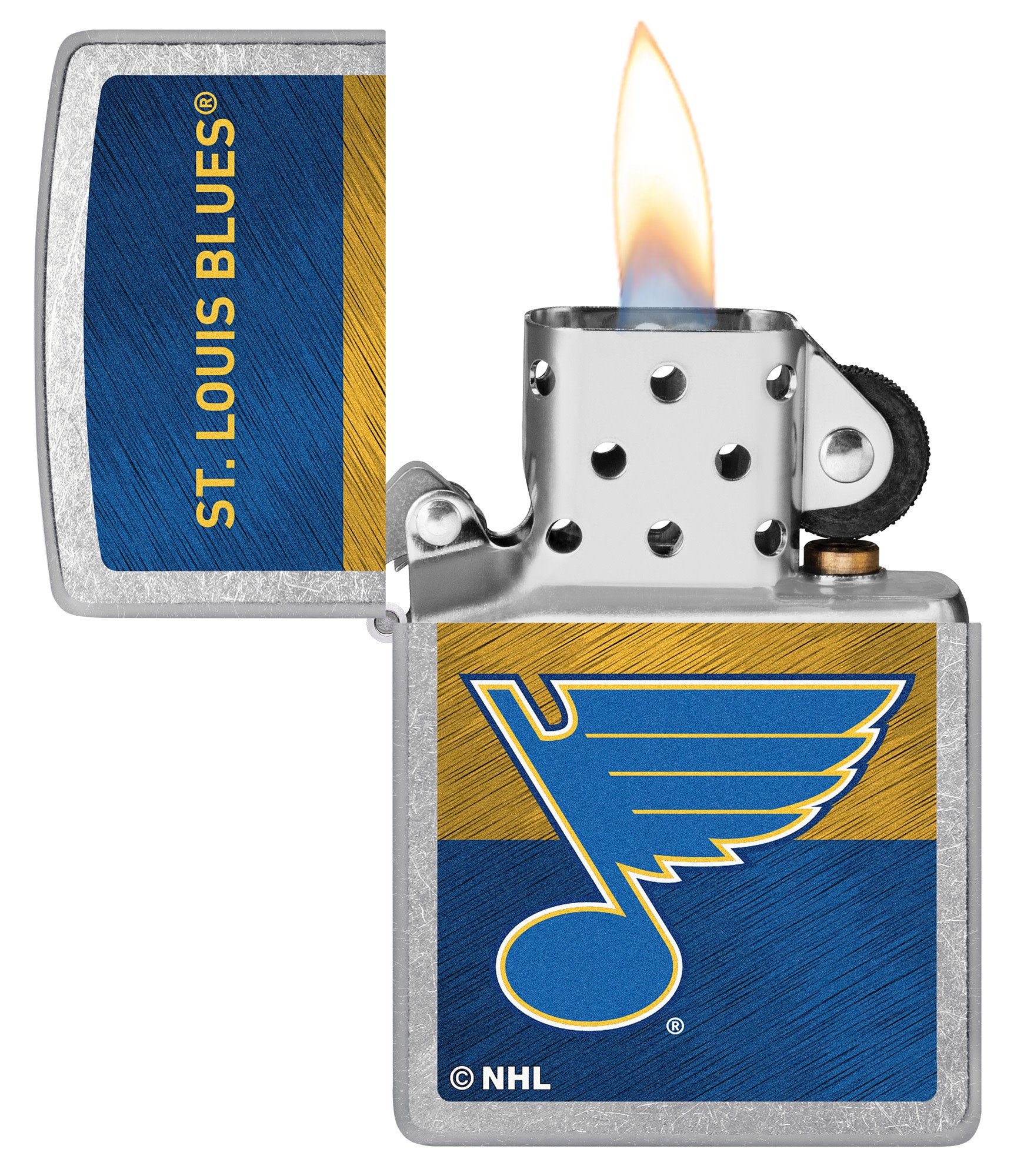 NHL® St Louis Blues Street Chrome™ Windproof Lighter with its lid open and lit