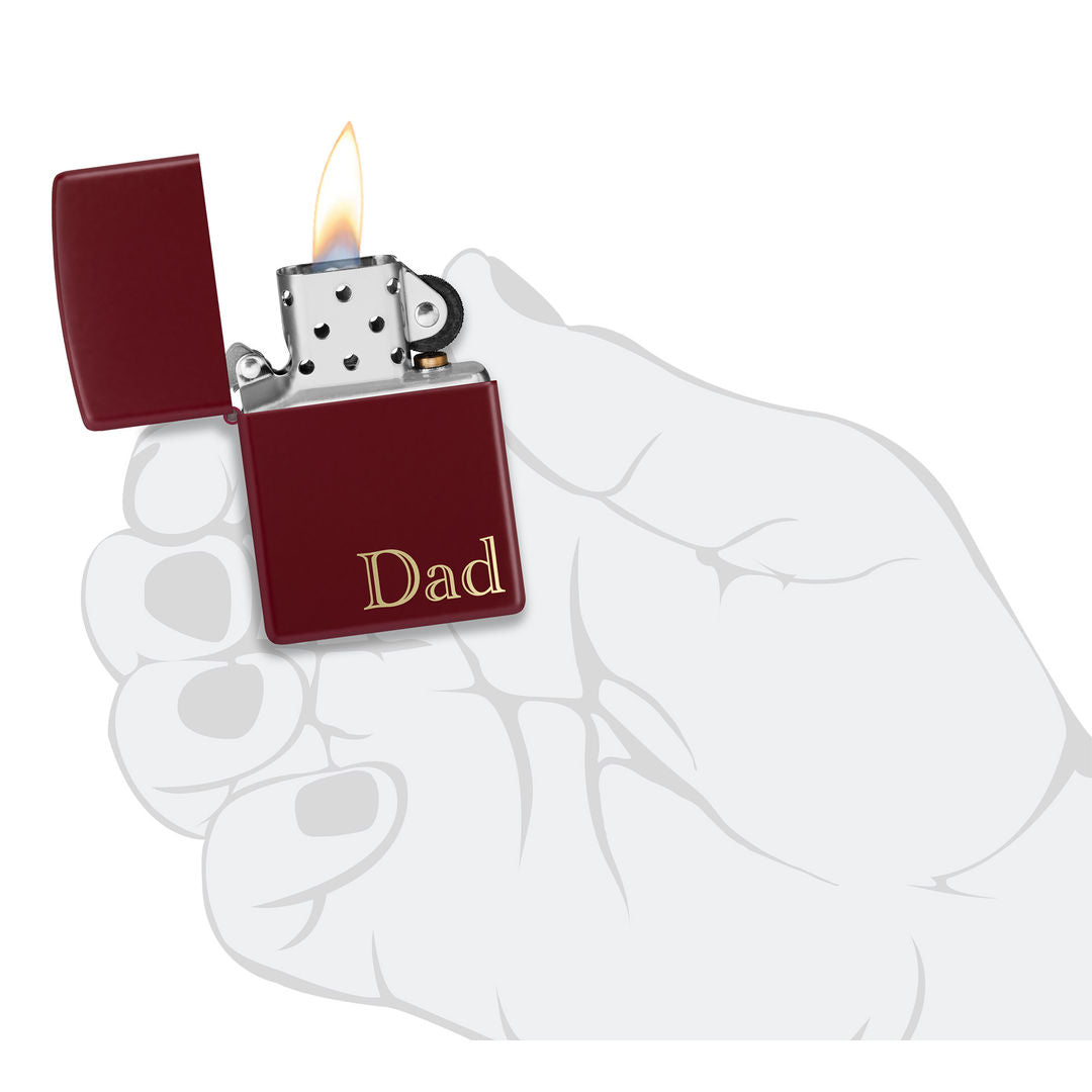 Zippo Dad Design SMS Windproof Pocket Lighter lit in hand.