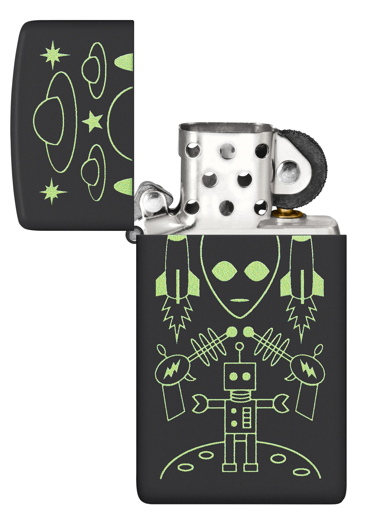 Zippo Alien Invasion Design Slim® Black Matte Windproof Lighter with its lid open and unlit.