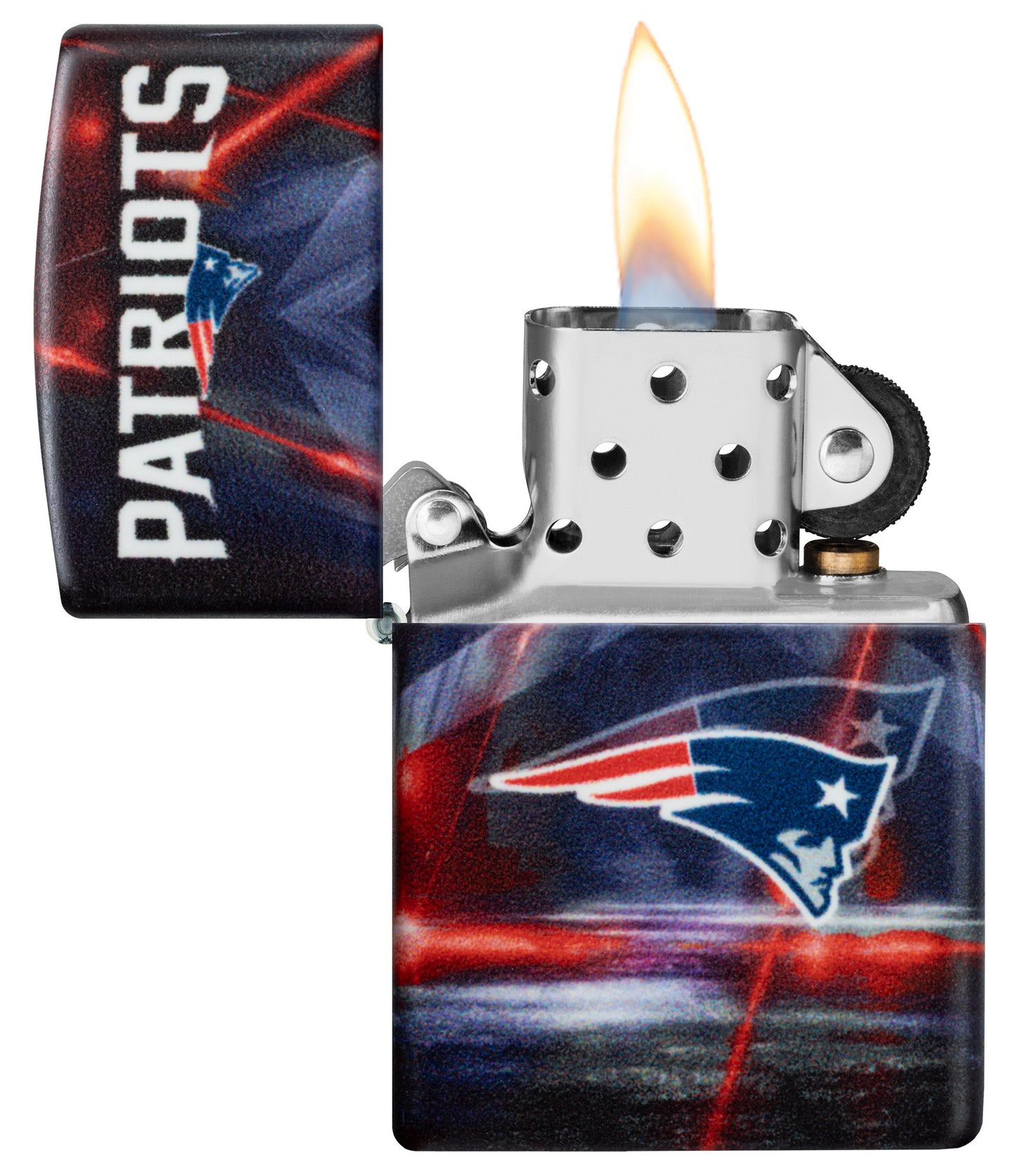 Zippo NFL New England Patriots 540 Matte Windproof Lighter with its lid open and lit.