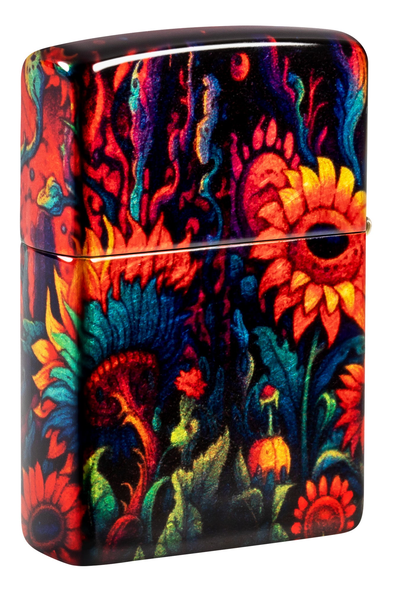 Back shot of Zippo Spooky Sunflower Design 540 Tumbled Brass Windproof Lighter standing at a 3/4 angle.