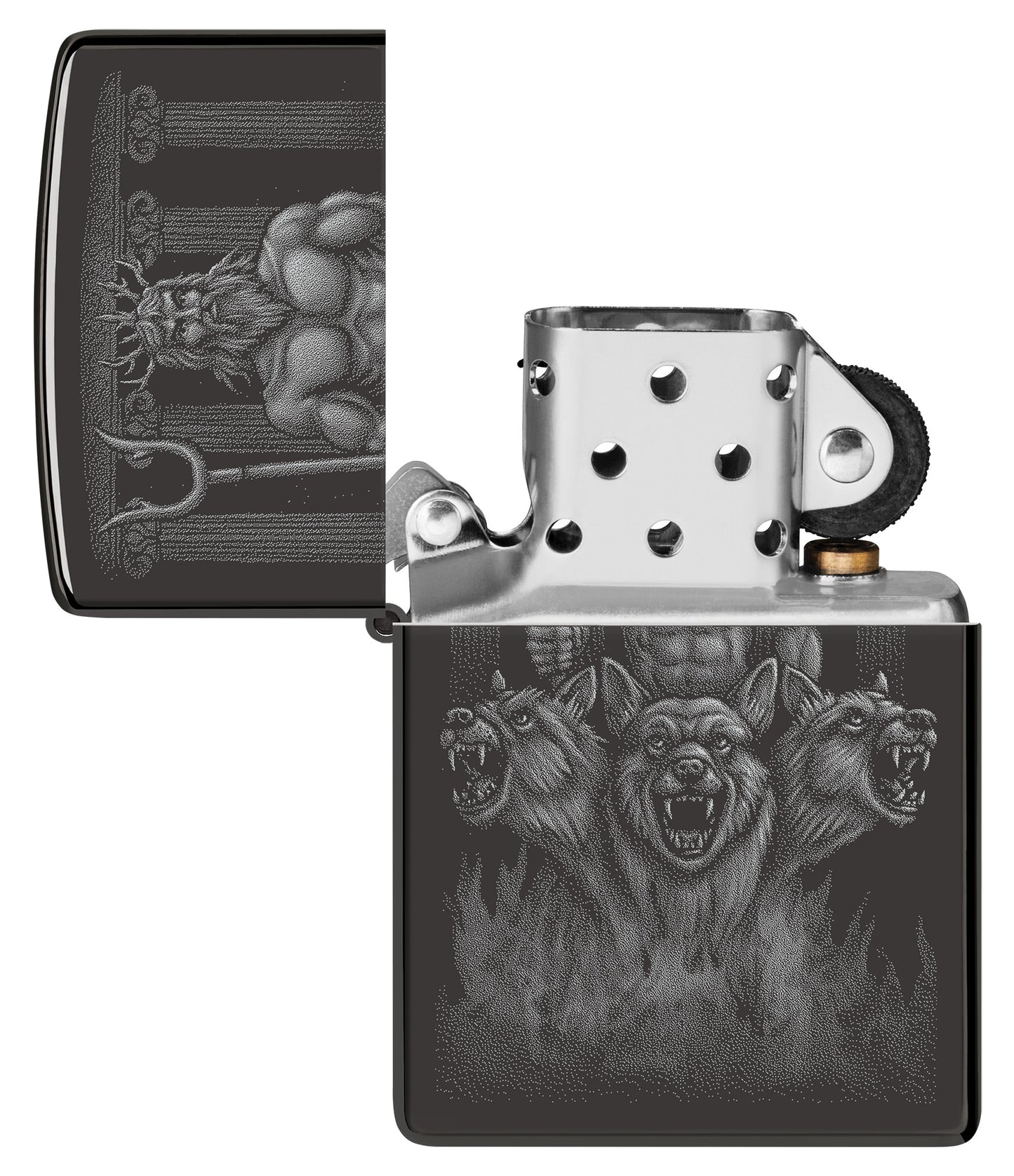 Zippo Greek Dogs Design High Polish Black Windproof Lighter with its lid open and unlit.