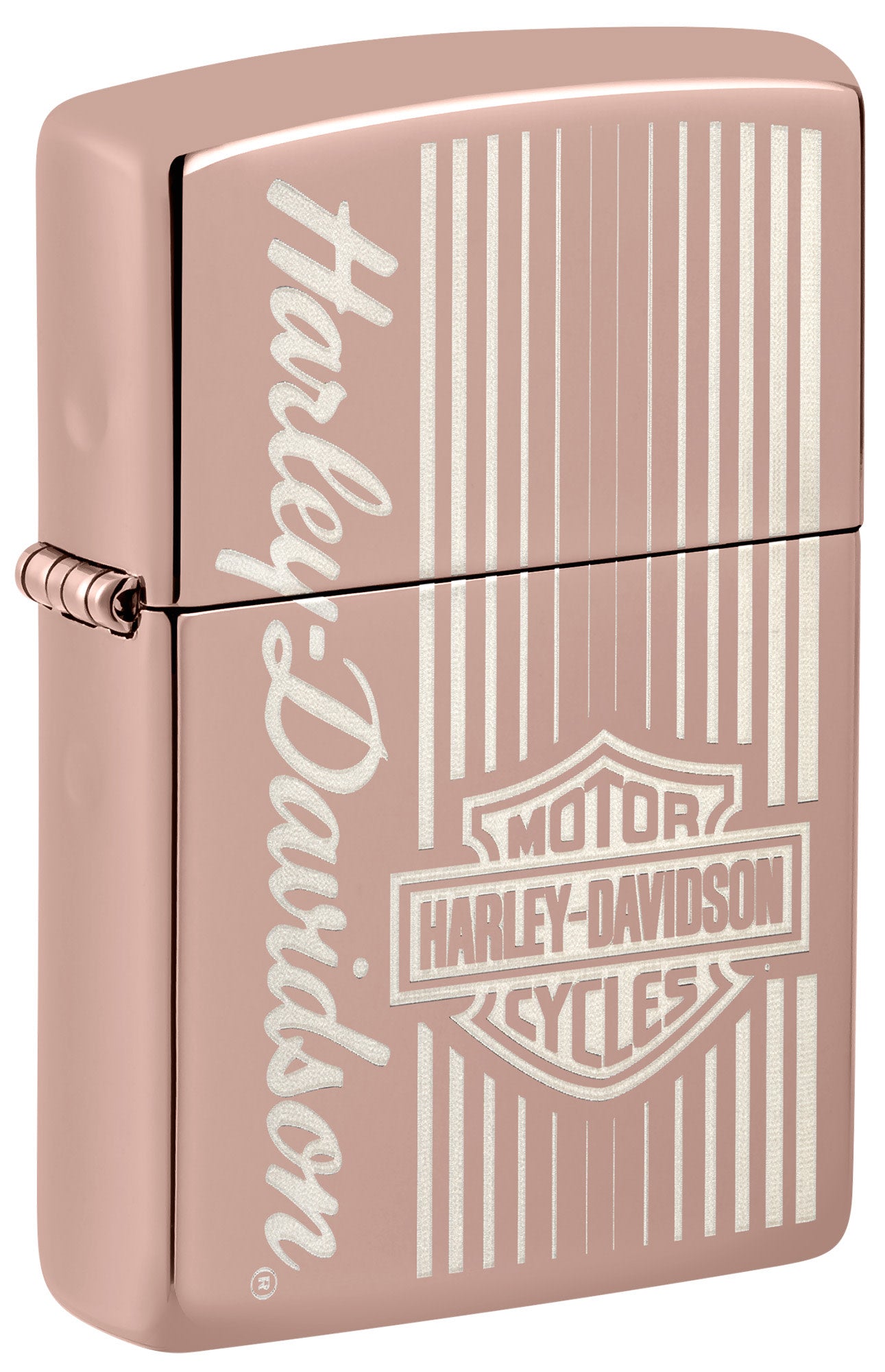 Front view of Zippo Harley-Davidson® High Polish Rose Gold Windproof Lighter standing at a 3/4 angle.