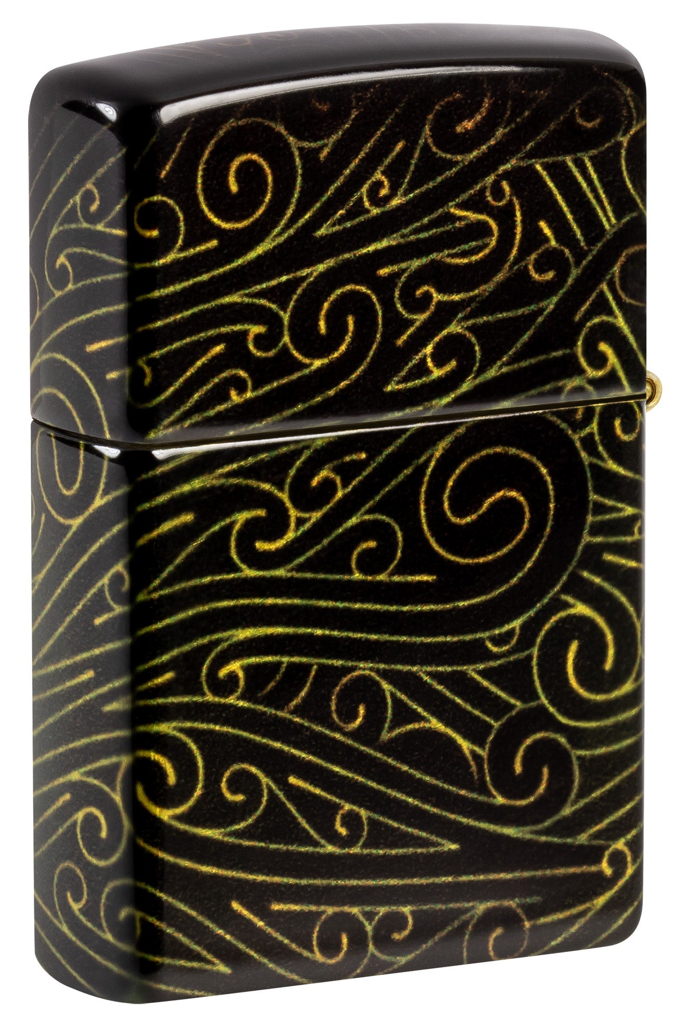 Back shot of Zippo Cannabis Maze Design 540 Tumbled Brass Windproof Lighter standing at a 3/4 angle.