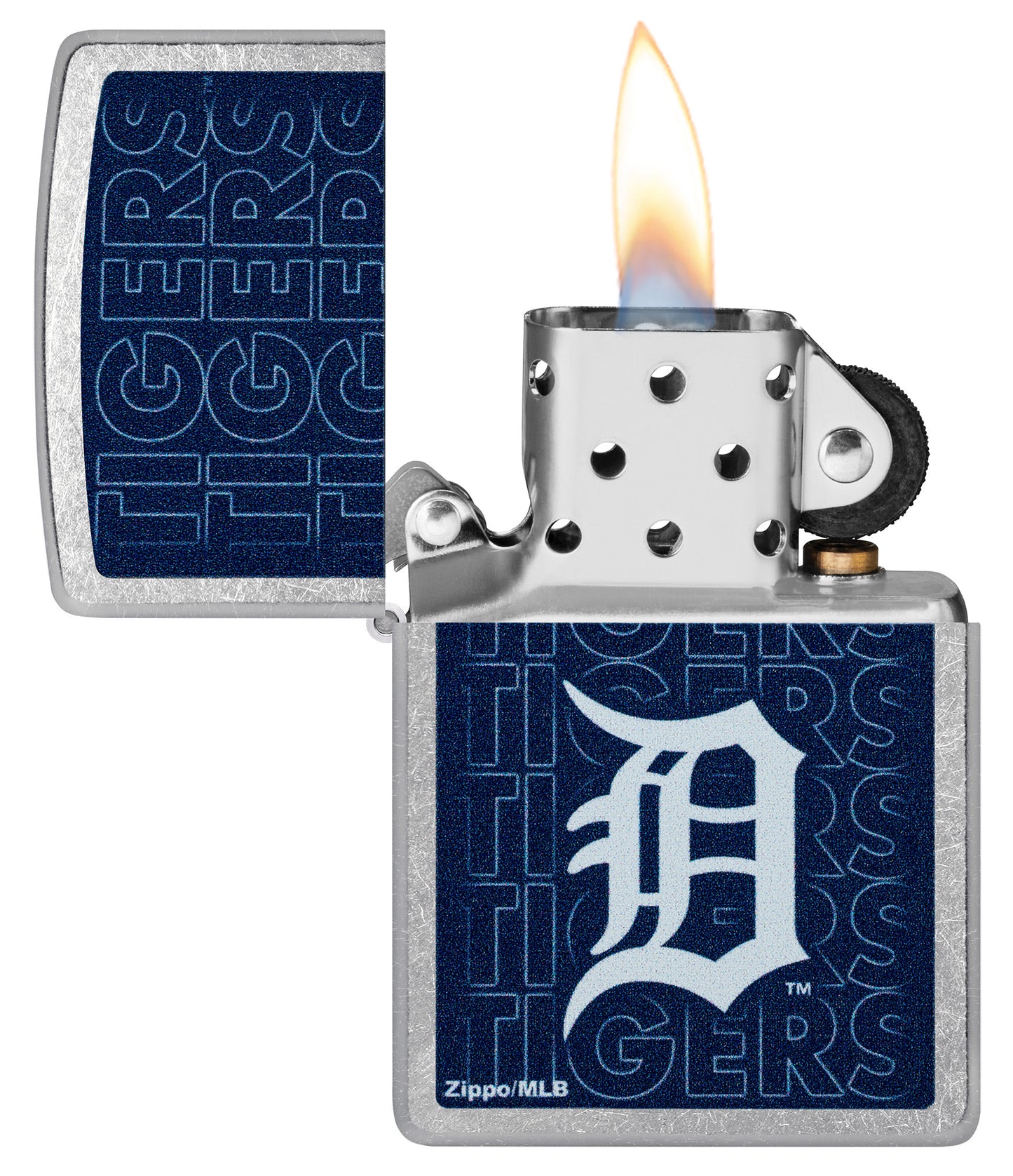 Zippo MLB® Detroit Tigers Street Chrome Windproof Lighter with its lid open and lit.