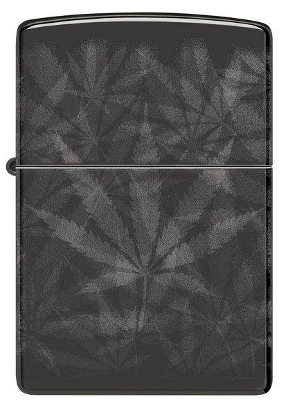 Front view of Zippo Cannabis Design High Polish Black Windproof Lighter.