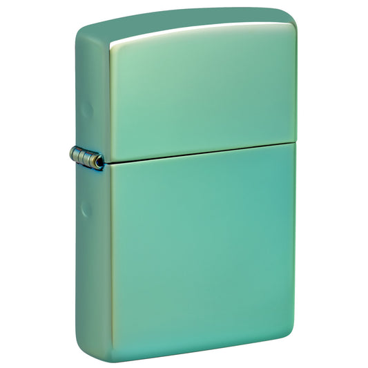 Front shot of Classic High Polish Green Windproof Lighter standing at a 3/4 angle.