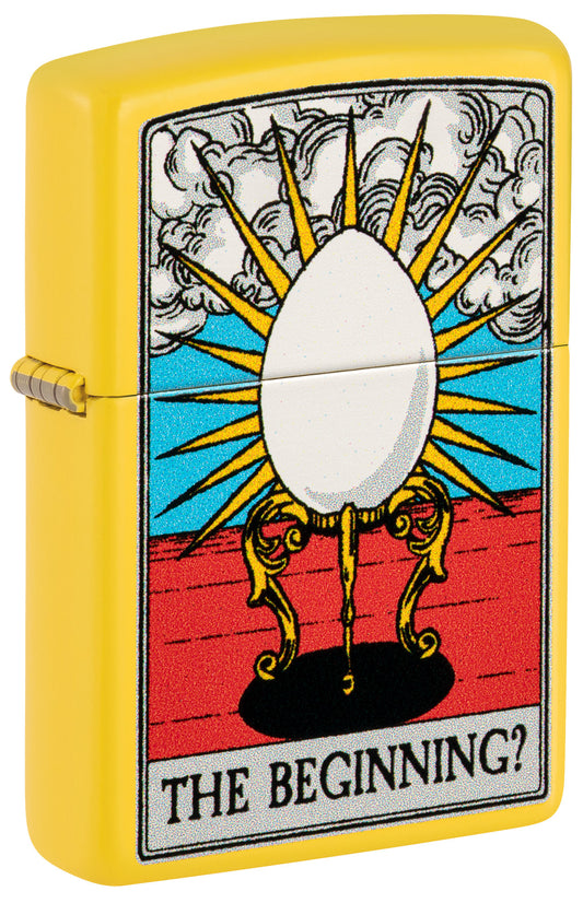 Front shot of Zippo Which Came First? Design Sunflower Yellow Matte Windproof Lighter standing at a 3/4 angle.