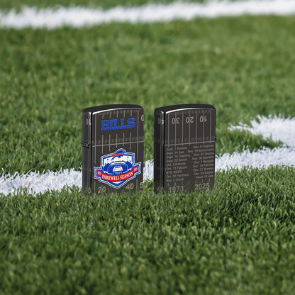 Lifestyle image of two Zippo Buffalo Bills Farewell Season Design High Polish Black Windproof Lighters; one showing the front of the lighter and the other showing the back of the lighter, both standing on a football field.  

