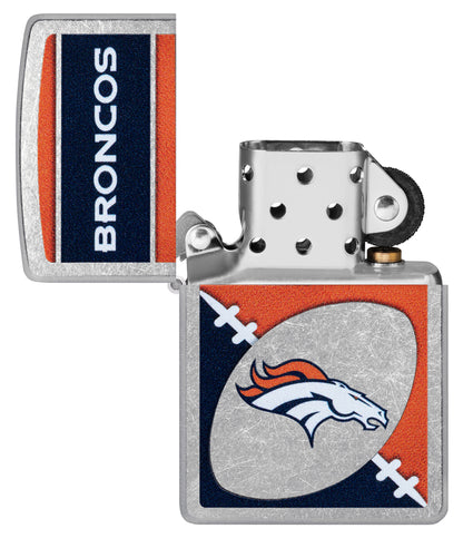 Zippo NFL Denver Broncos Street Chrome Windproof Lighter with its lid open and unlit.