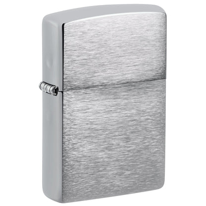 Front shot of Armor® Brushed Chrome Windproof Lighter standing at a 3/4 angle.