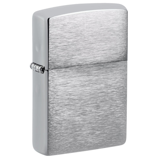 Front shot of Armor® Brushed Chrome Windproof Lighter standing at a 3/4 angle.