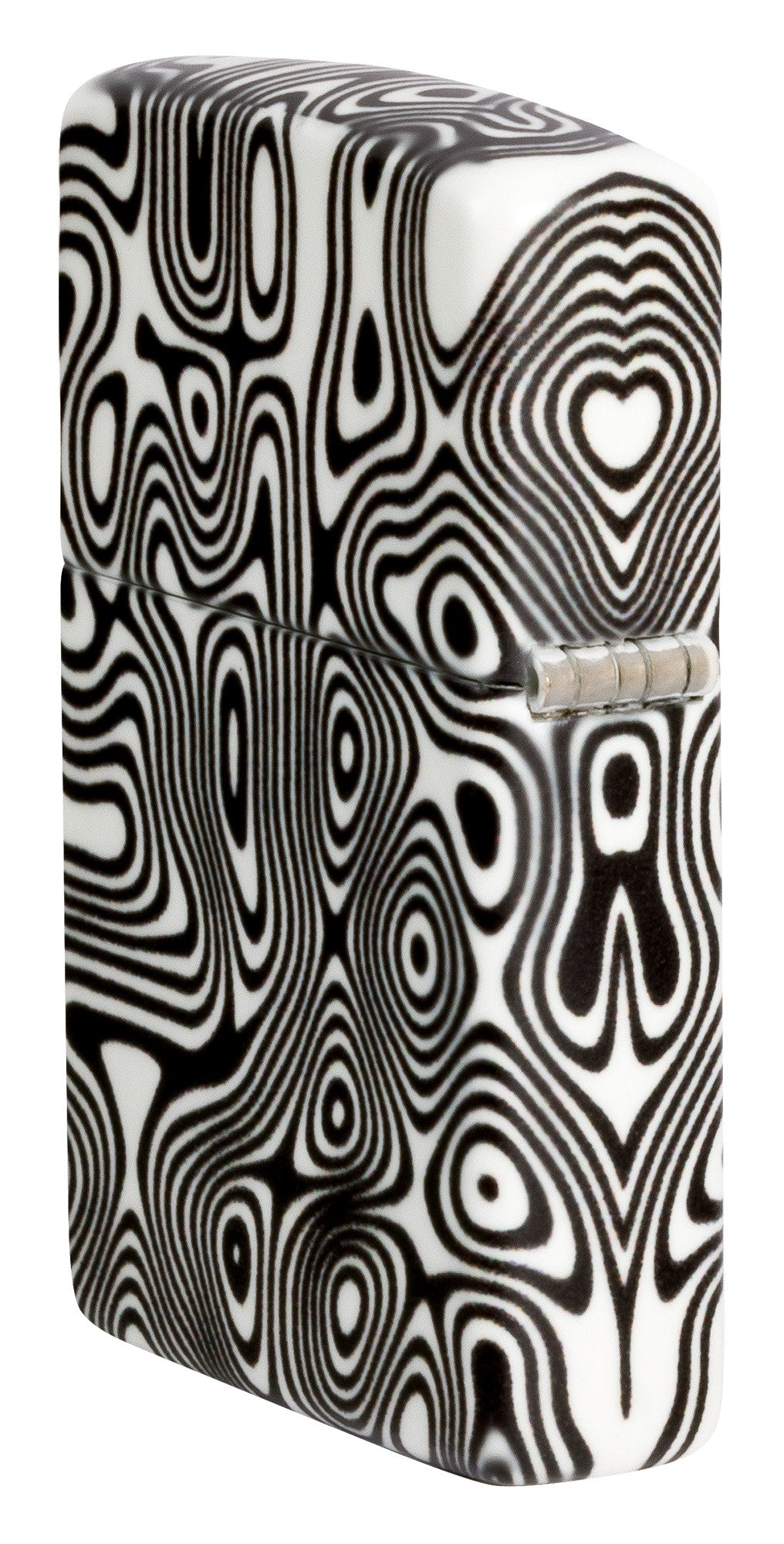 Angled shot of Zippo Glowing Swirls Design 540 Color Glow in the Dark Windproof Lighter showing the back and hinge side of the lighter.