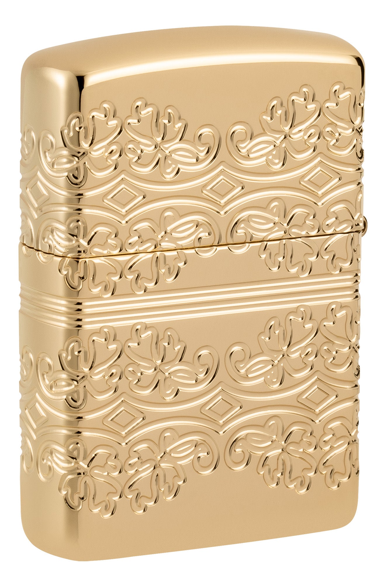 Back shot of Zippo Lucky Clover Design Armor® High Polish Gold Plate Windproof Lighter standing at a 3/4 angle.