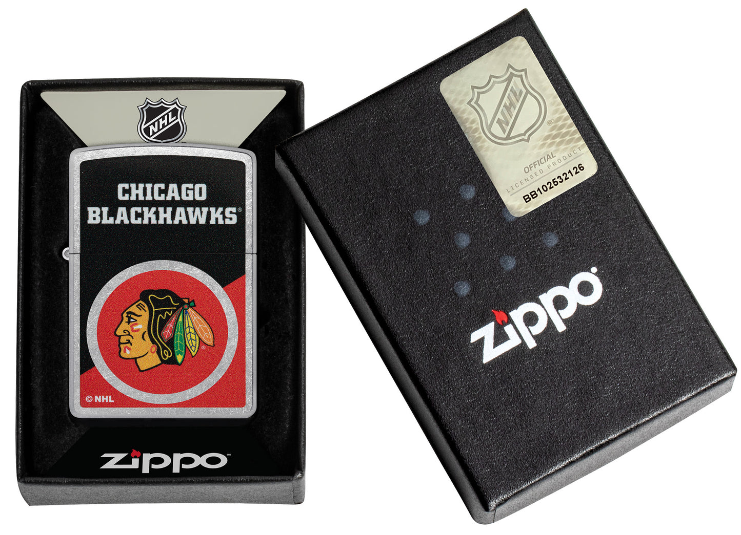 Zippo NHL® Chicago Blackhawks® 2024 Street Chrome™ Windproof Lighter in its packaging.