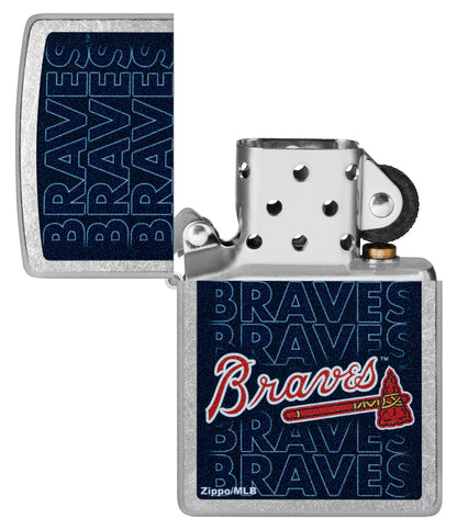 Zippo MLB® Atlanta Braves Street Chrome Windproof Lighter with its lid open and unlit.