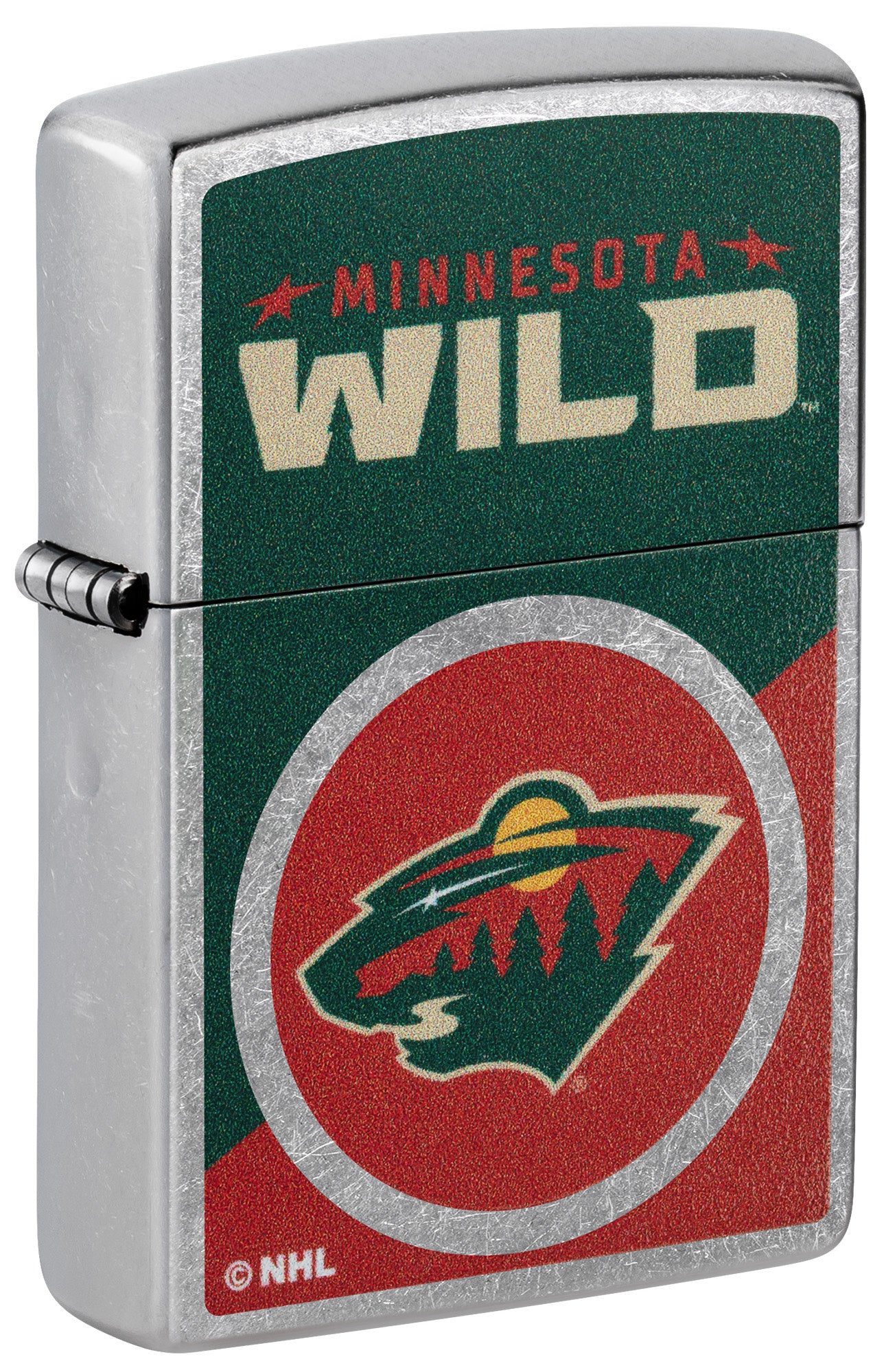 Front shot of Zippo NHL® Minnesota Wild® 2024 Street Chrome™ Windproof Lighter standing at a 3/4 angle.