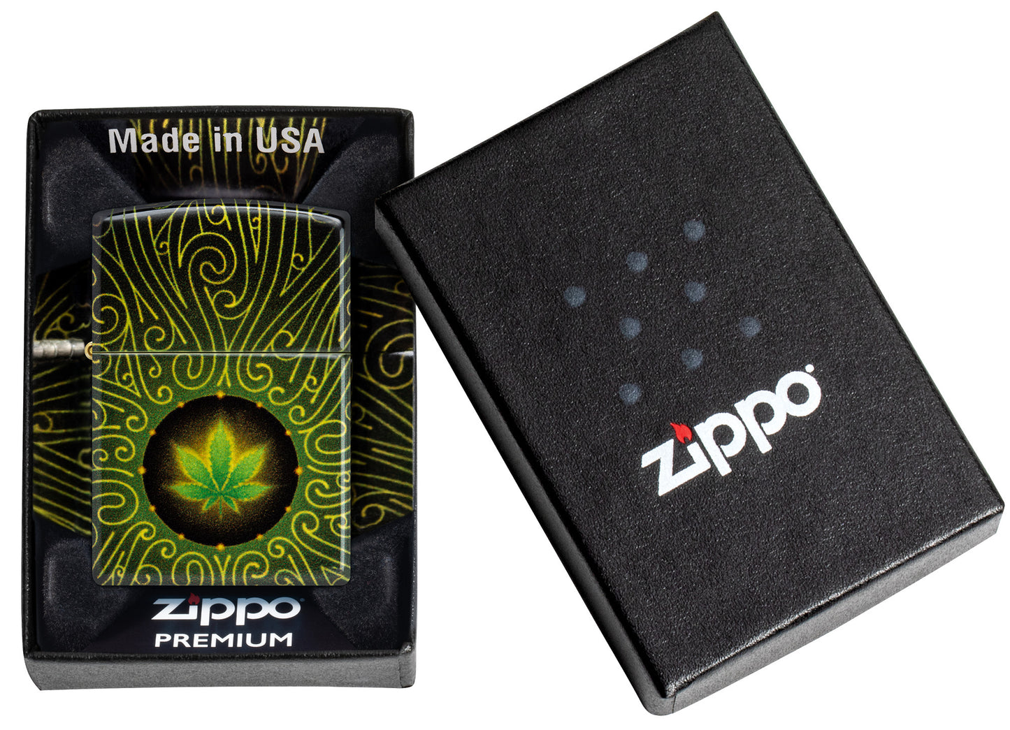 Zippo Cannabis Maze Design 540 Tumbled Brass Windproof Lighter in its packaging.