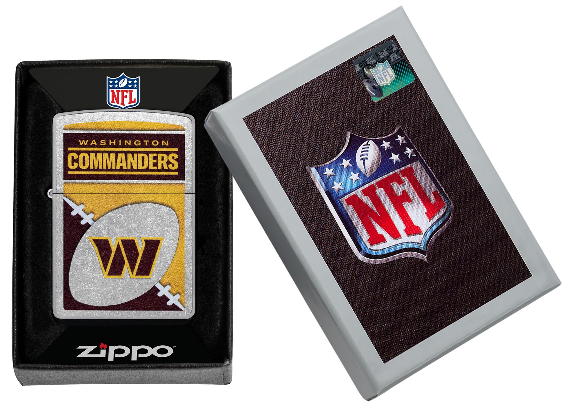 Zippo NFL Washington Commanders Street Chrome Windproof Lighter in its packaging.