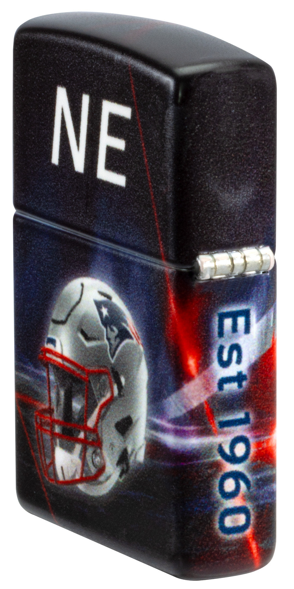 Angled shot of Zippo NFL New England Patriots 540 Matte Windproof Lighter showing the back and hinge sides of the lighter.