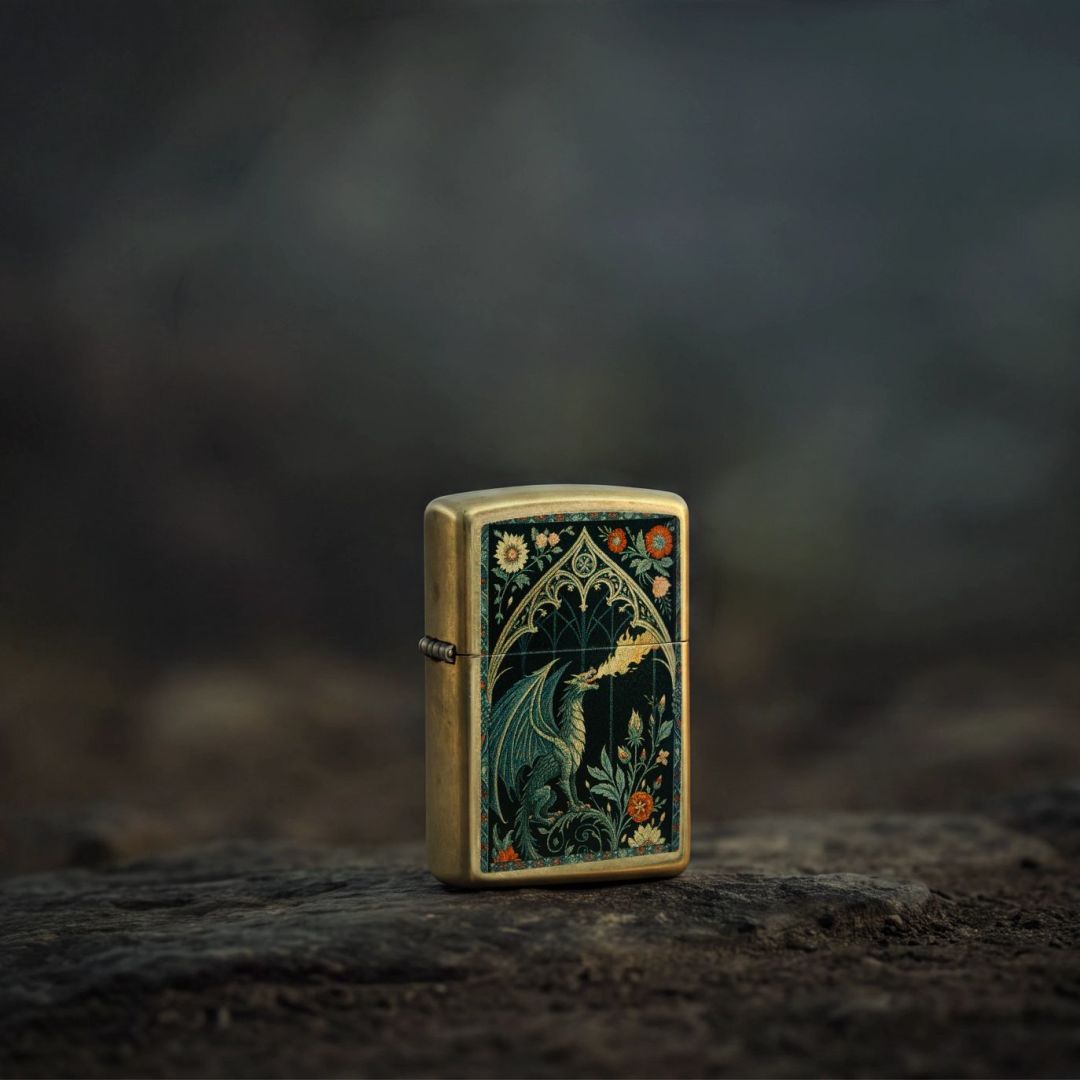 Lifestyle image of Zippo Dragon Tapestry Design Street Brass Windproof Lighter standing on a rock showing the front and hinge side of the lighter with an out of focus dark background.

