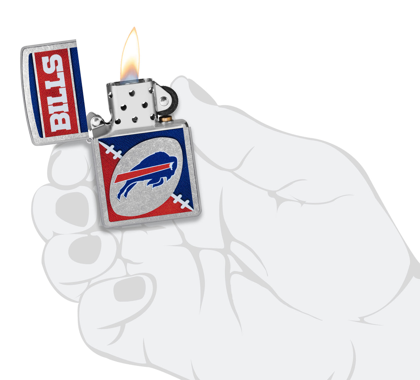 Zippo NFL Buffalo Bills Street Chrome Windproof Lighter lit in hand.