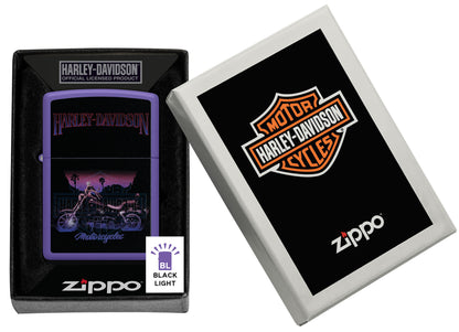 Zippo Harley Davidson® Black Light Purple Matte Windproof Lighter in its packaging.