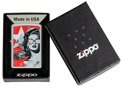 Zippo Glam Glasses Design High Polish Chrome Windproof Lighter in its packaging.