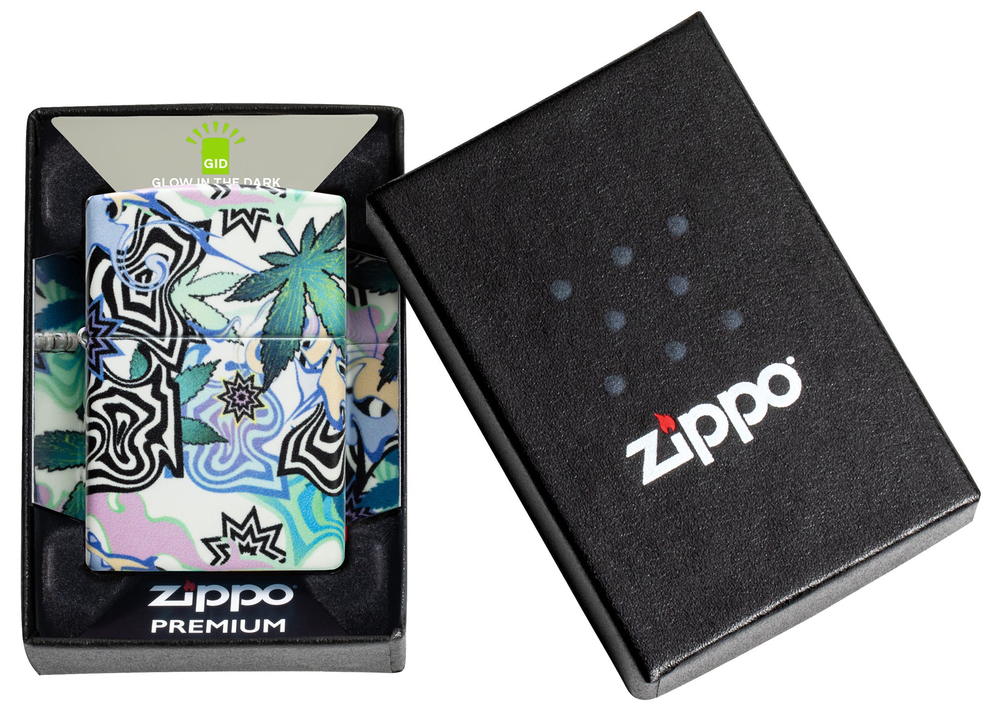 Zippo Abstract Cannabis Design Glow in the Dark Windproof Lighter in its packaging.