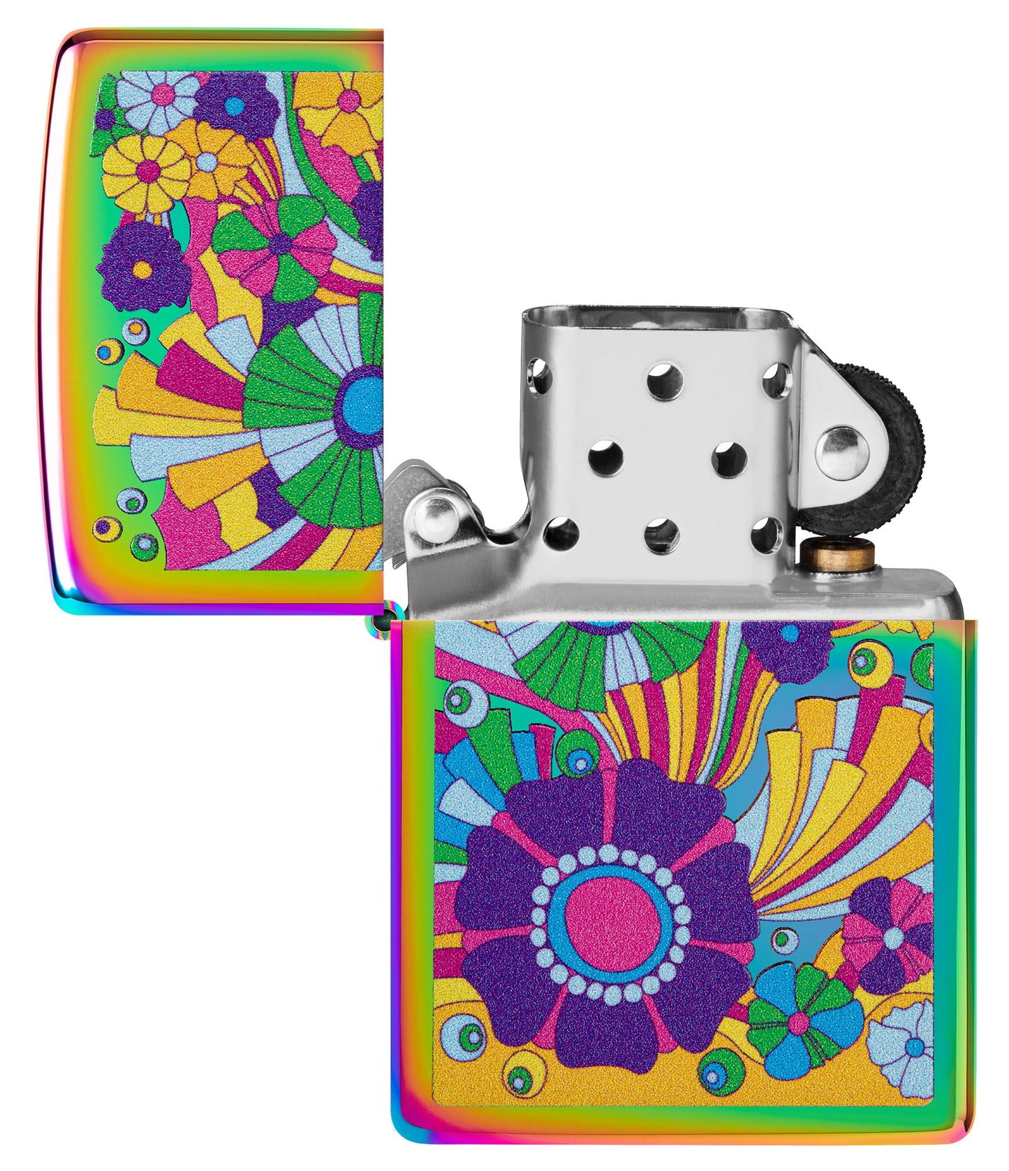 Zippo Vintage Flowers Design Multi-Color Windproof Lighter with its lid open and unlit.