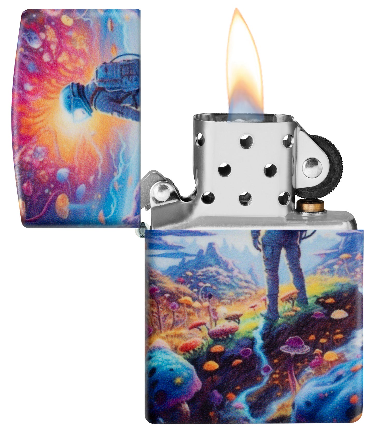 Zippo Mushroom Forest Design 540 Matte Windproof Lighter with its lid open and lit.