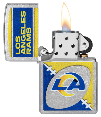 Zippo NFL Los Angeles Rams Street Chrome Windproof Lighter with its lid open and lit.