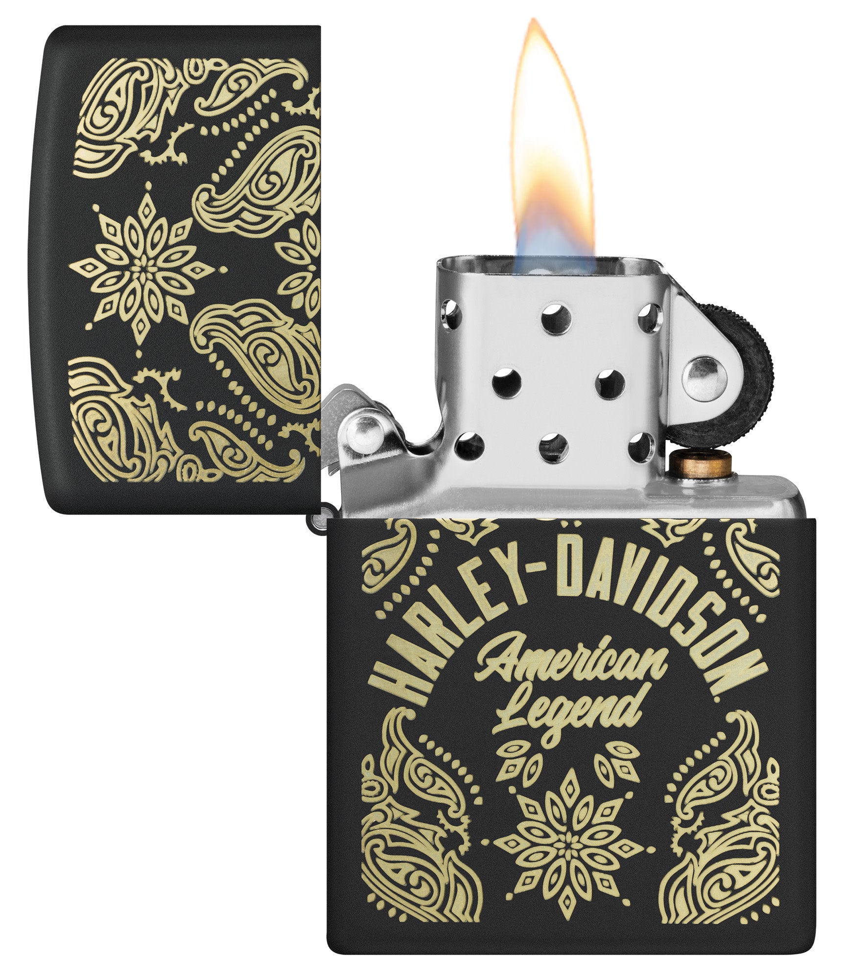 Zippo Harley-Davidson® American Legend Black Matte Windproof Lighter with its lid open and lit.