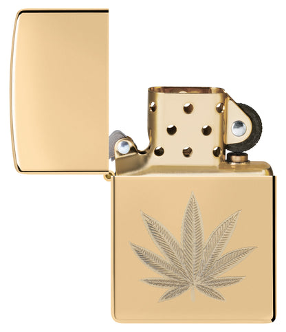 Zippo Cannabis Leaf Design High Polish Brass Windproof Lighter with its lid open and unlit.