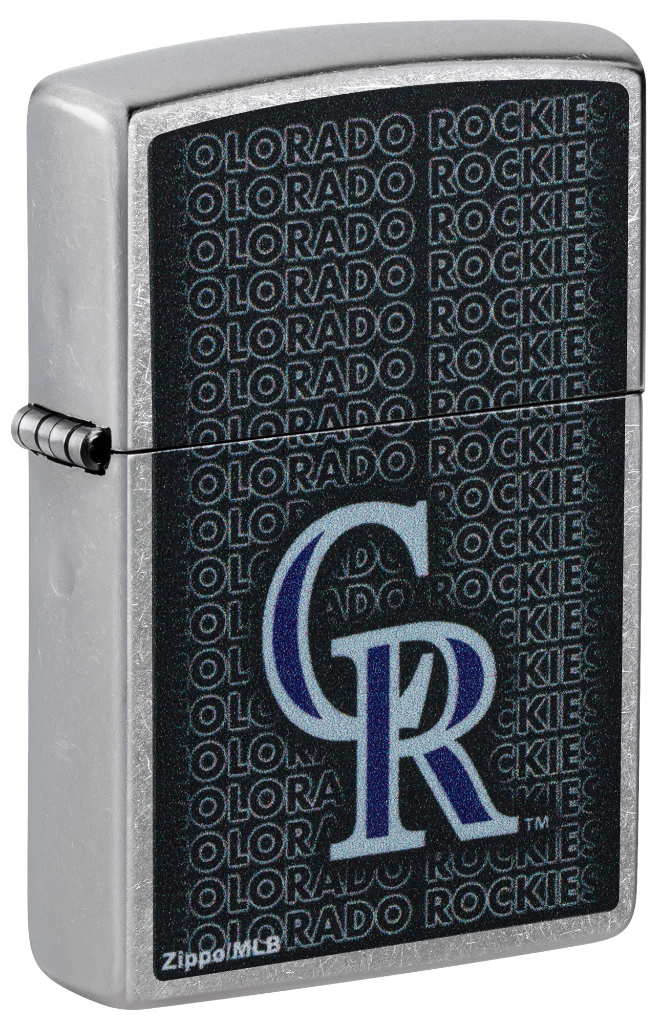 Front shot of Zippo MLB® Colorado Rockies Street Chrome Windproof Lighter standing at a 3/4 angle.