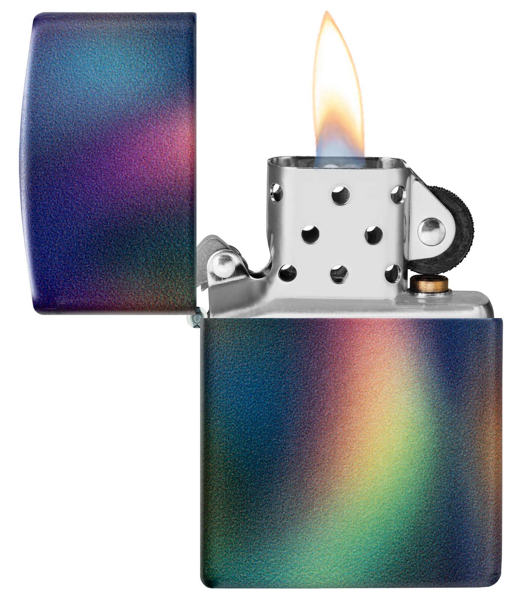 Zippo Prismatic Design 540 Matte Windproof Lighter with its lid open and lit.