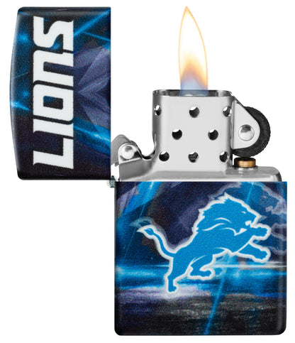 Zippo NFL Detroit Lions 540 Matte Windproof Lighter with its lid open and lit.