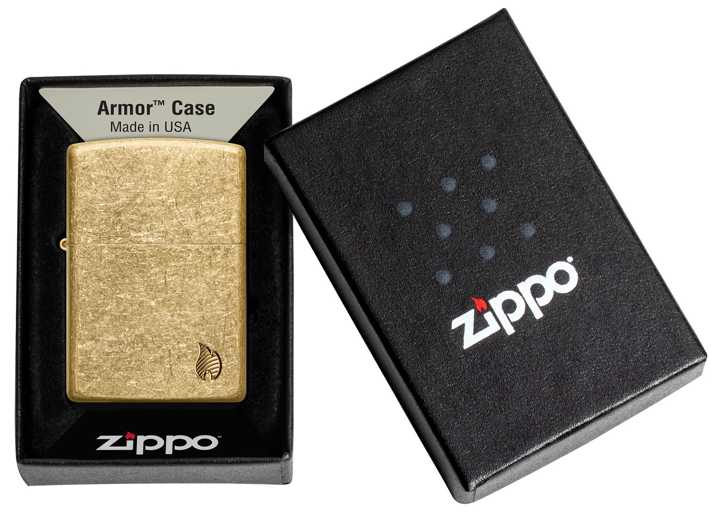 Zippo Armor® Series Flame Tumbled Brass Windproof Lighter in its packaging.