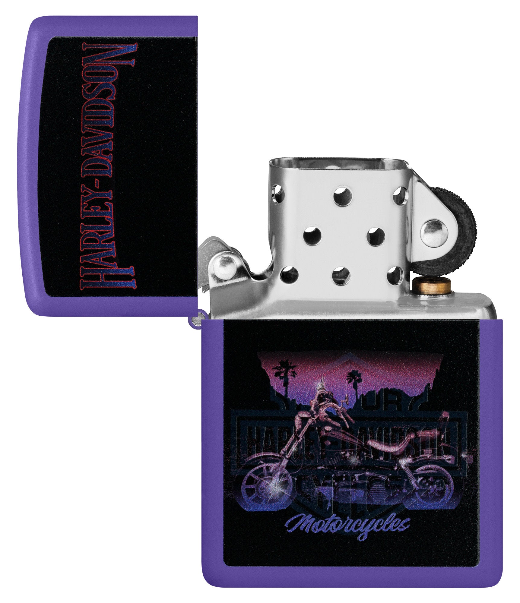 Zippo Harley Davidson® Black Light Purple Matte Windproof Lighter with its lid open and unlit.