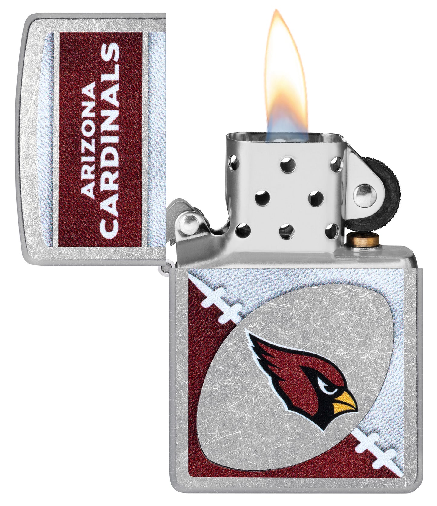 Zippo NFL Arizona Cardinals Street Chrome Windproof Lighter with its lid open and lit.