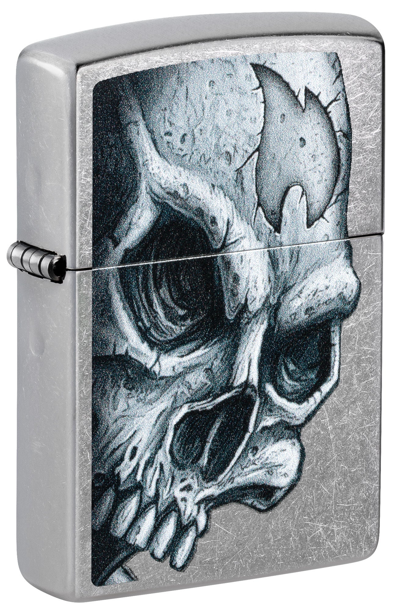 Front shot of Zippo Skull and Flame Design Street Chrome Windproof Lighter standing at a 3/4 angle.