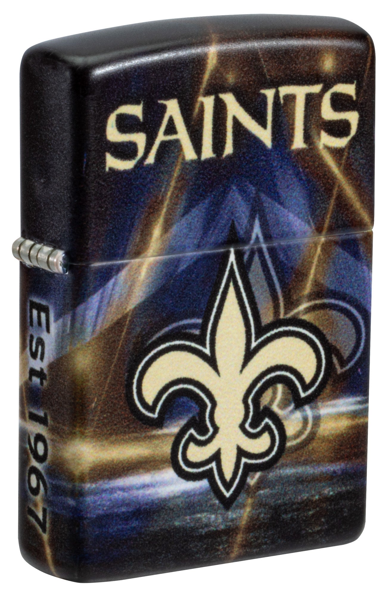 Front shot of Zippo NFL New Orleans Saints 540 Matte Windproof Lighter standing at a 3/4 angle.