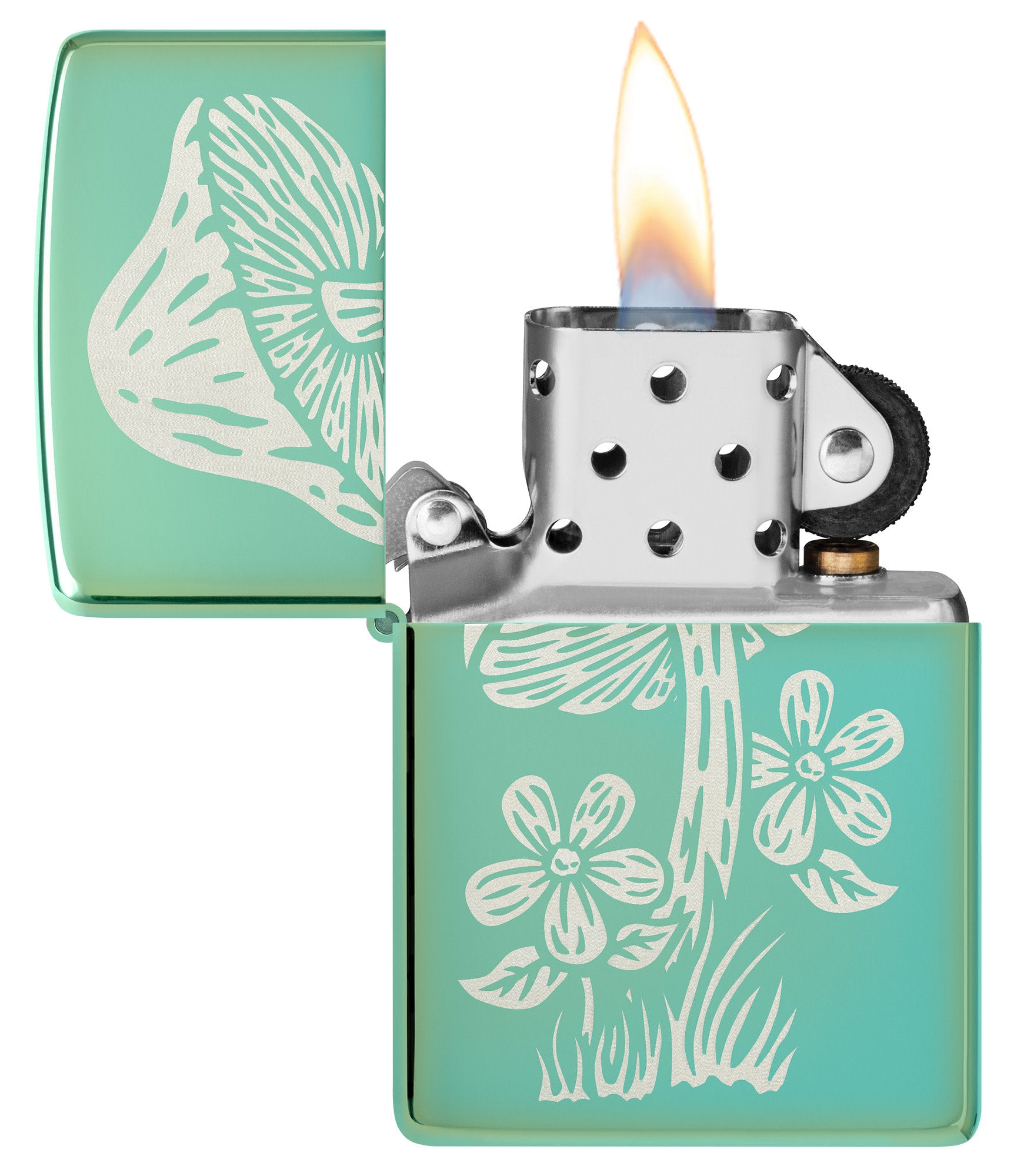 Zippo Mushroom Design High Polish Green Windproof Lighter with its lid open and lit.