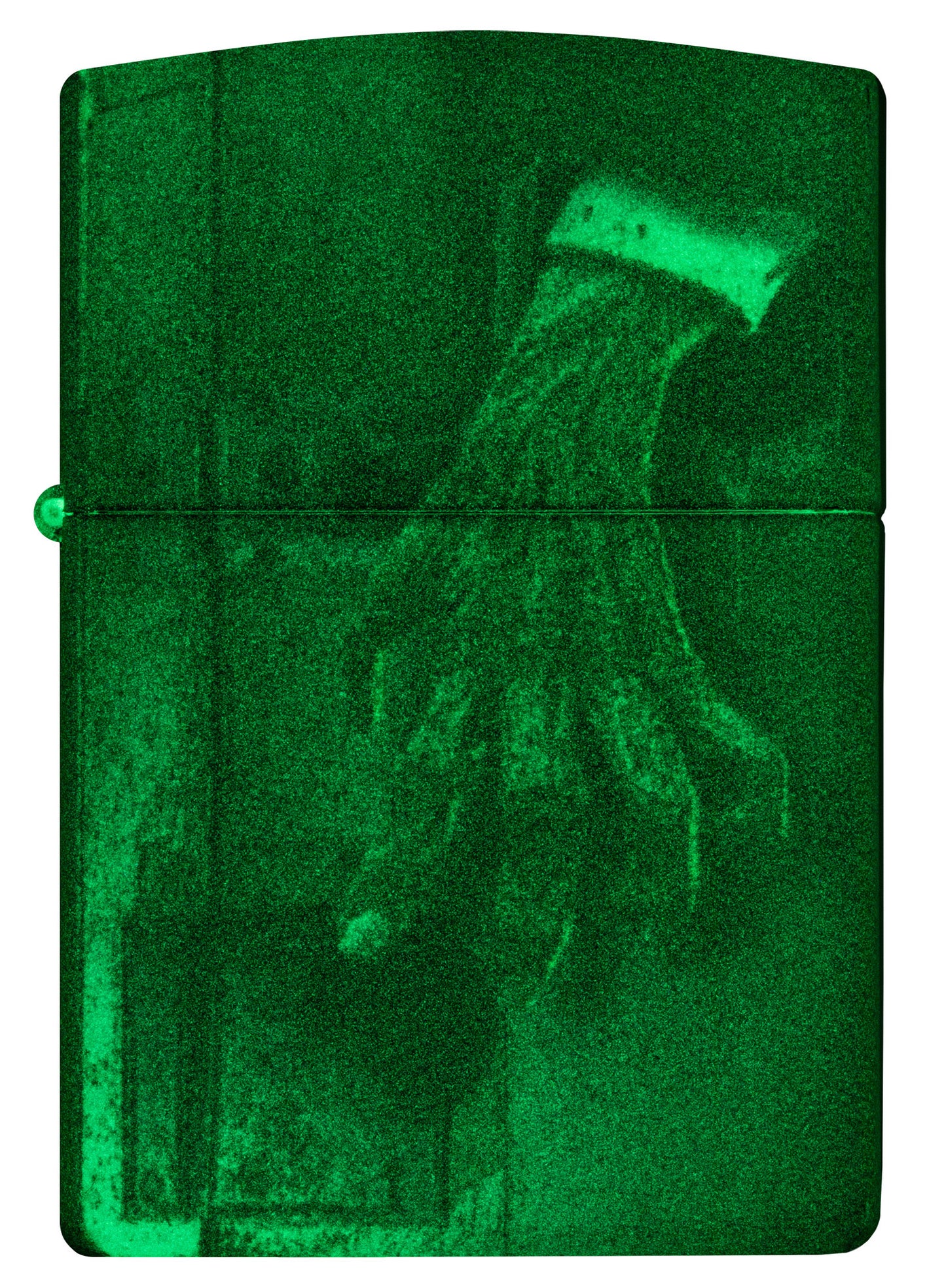 Front shot of Glow In the Dark Zombie Hand Windproof Lighter glowing.