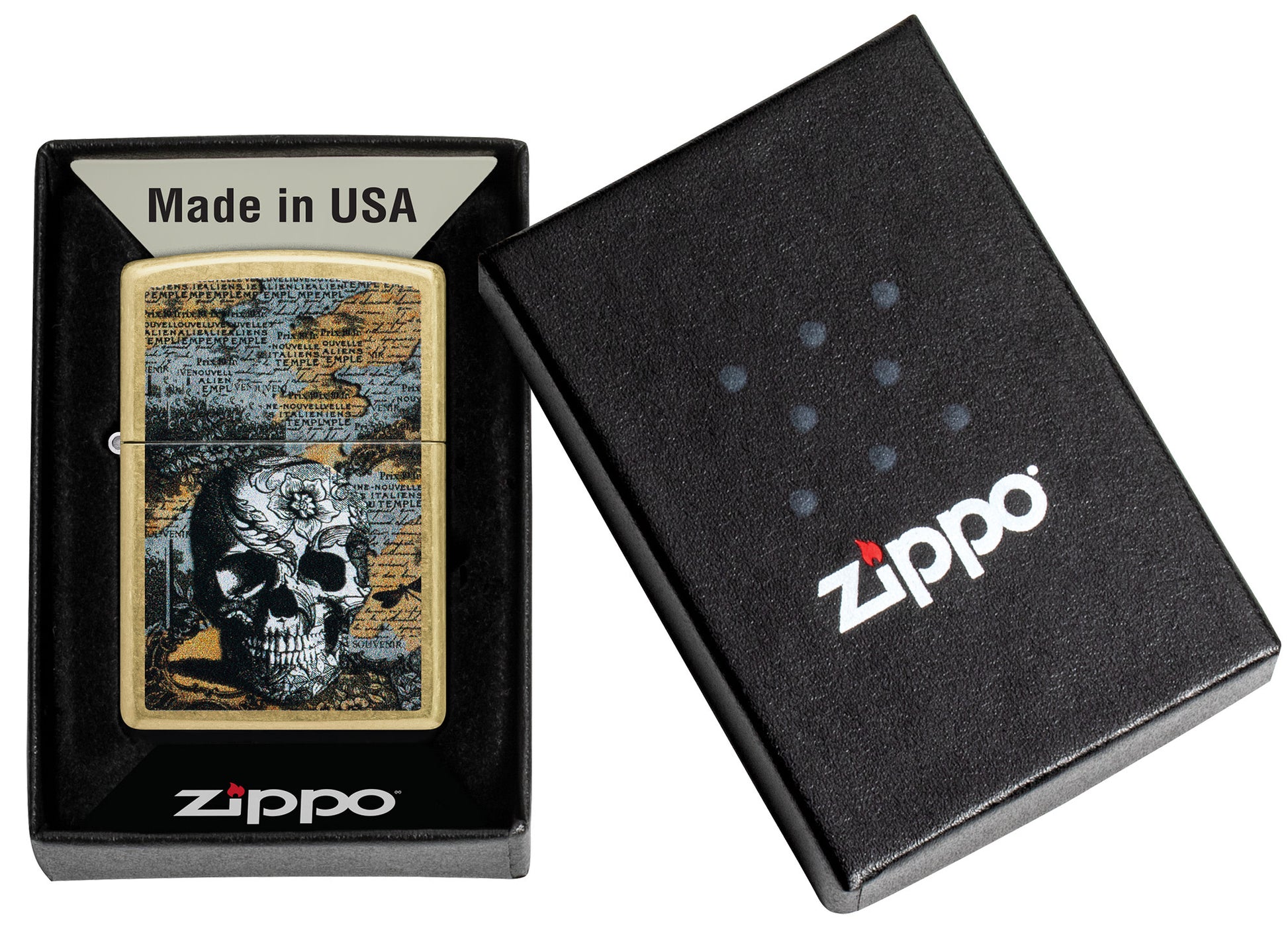 Zippo Floral Skull Design Street Brass Windproof Lighter in its packaging.