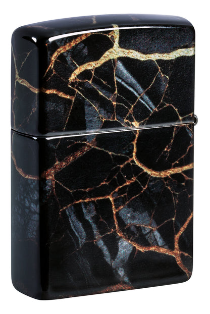 Back shot of Zippo Fusion Marble Design 540 Tumbled Chrome Windproof Lighter standing at a 3/4 angle.