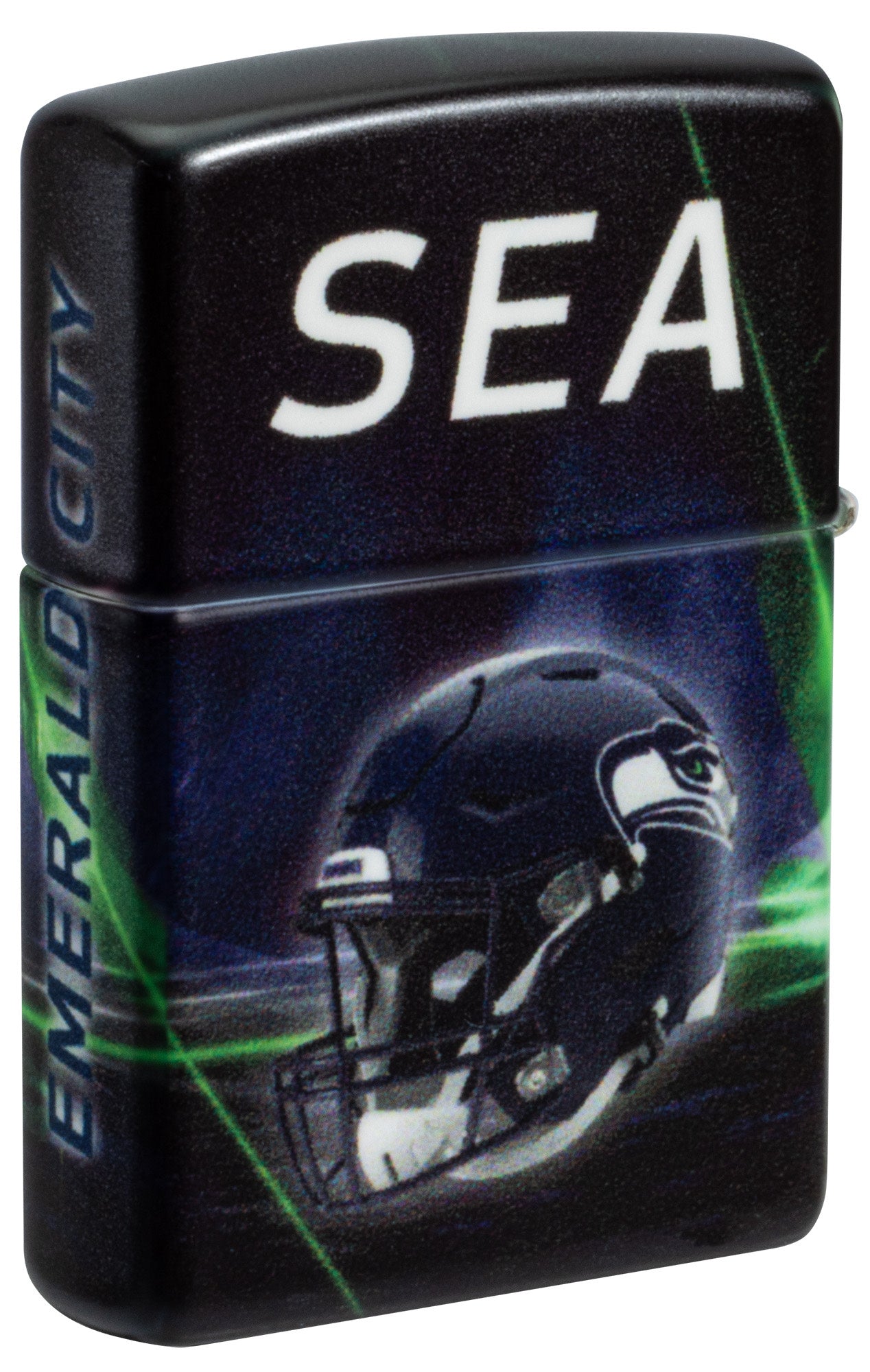 Back shot of Zippo NFL Seattle Seahawks 540 Matte Windproof Lighter standing at a 3/4 angle.