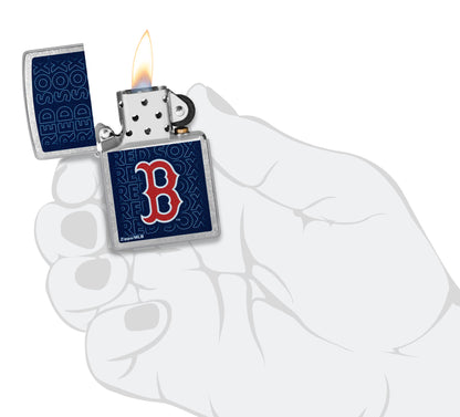 Zippo MLB® Boston Red Sox Street Chrome Windproof Lighter lit in hand.