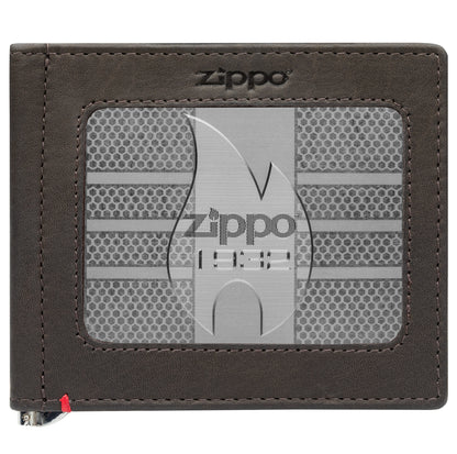 Front of mocha Leather Wallet With Zippo 1932 Metal Plate - ID Window