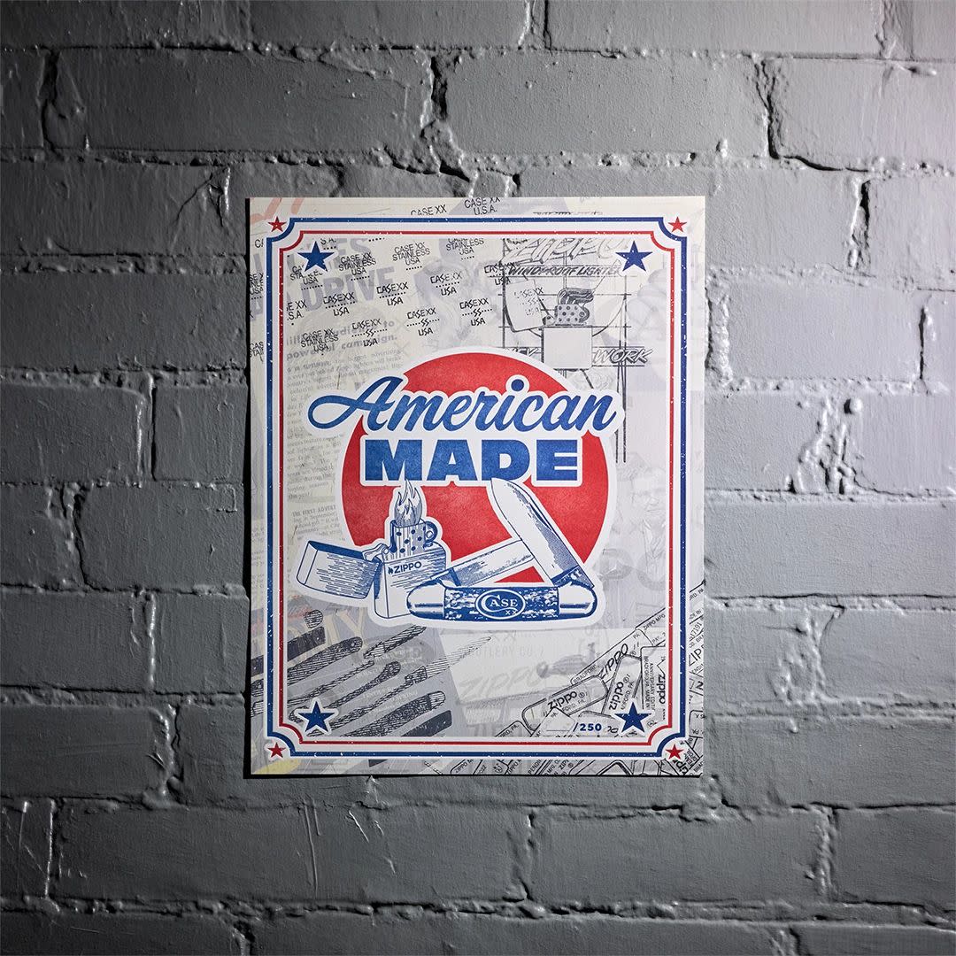 Front view of Zippo 250th Anniversary American Made Poster hanging on a grey brick wall. 

